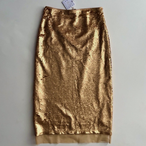 Le' AL.X Dresses & Skirts - Le' AL.X Nwt Gold Sequin A-Line Mesh Trim Midi Coordinating Skirt 8